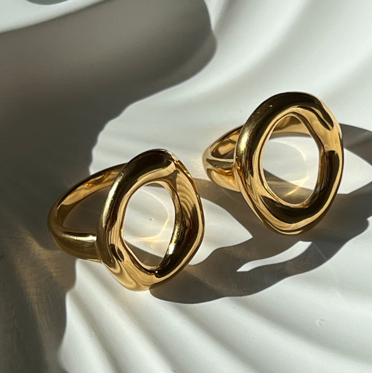 Double Loop Ring worn on model, gold waterproof stainless steel — VAL-T