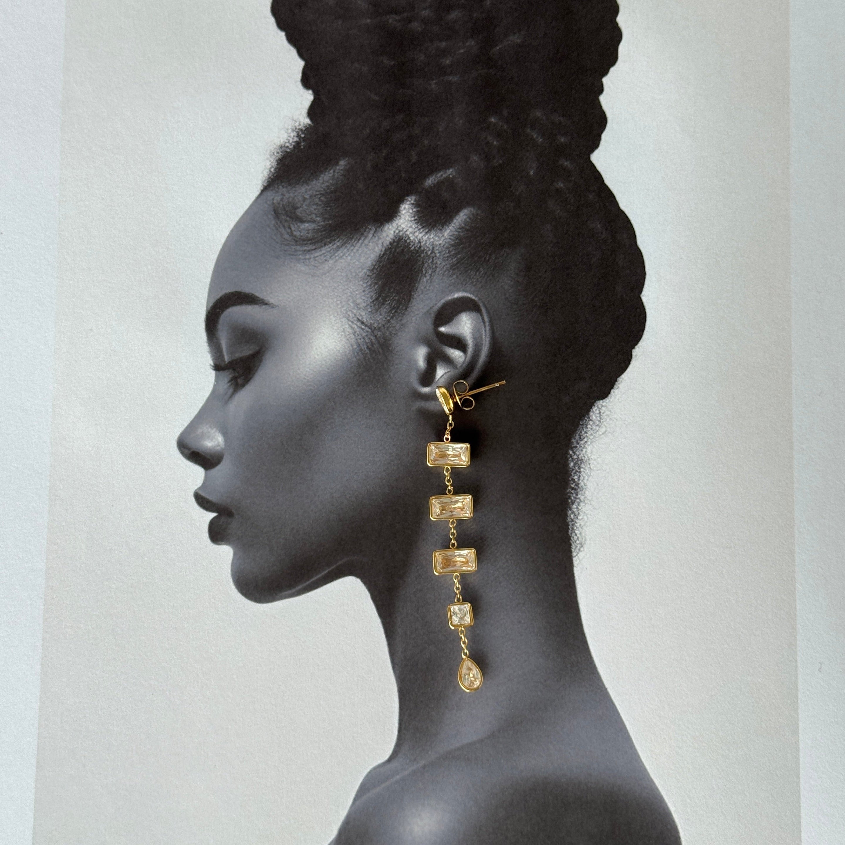 Long Drop Earrings with Square Stones gilded in 18-Carat Gold