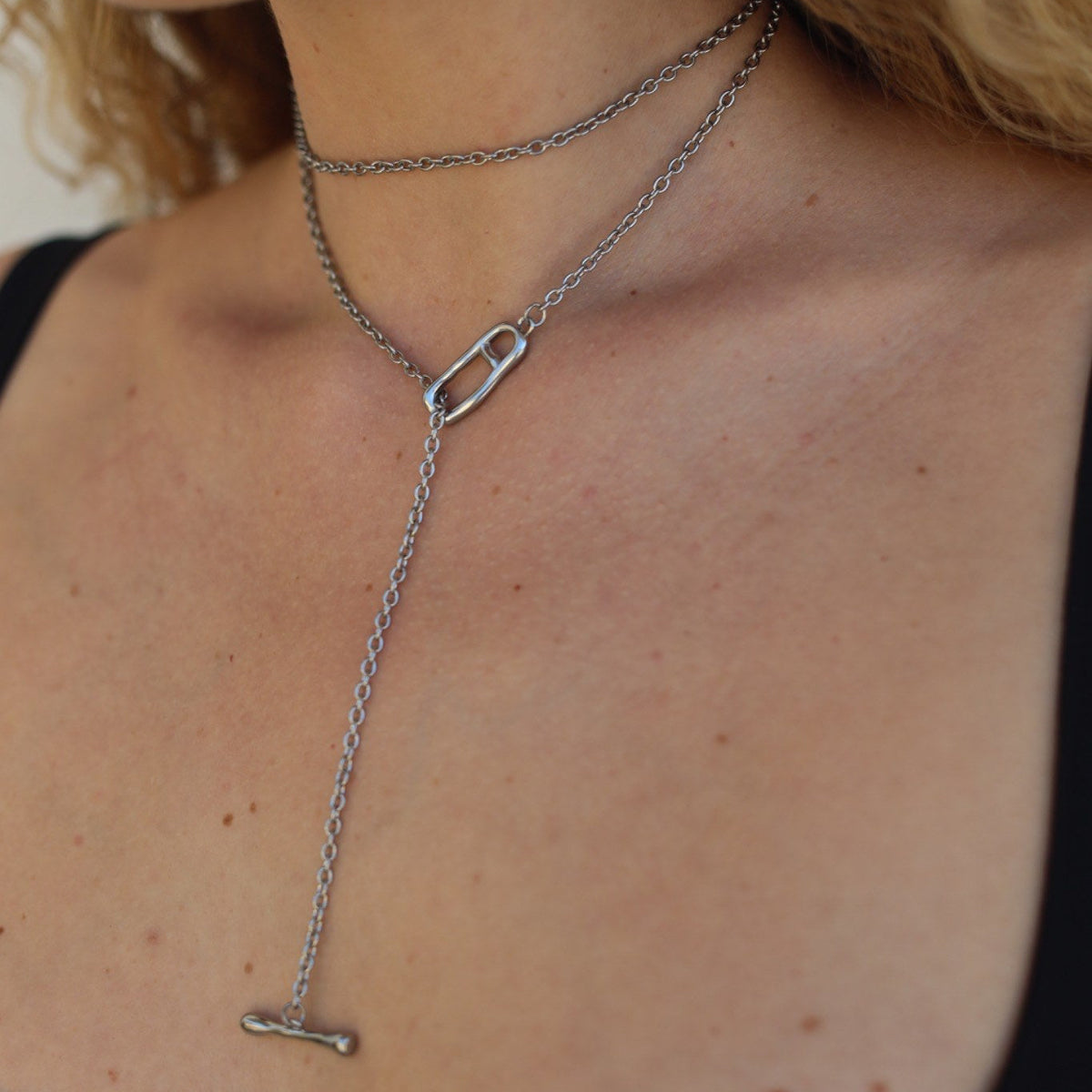 Long Toggle Chain in silver stainless steel, styled detail — VAL-T