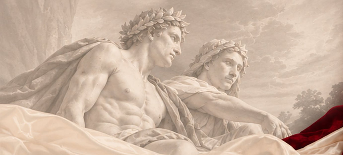 Two laurel-crowned classical figures draped in ivory satin
